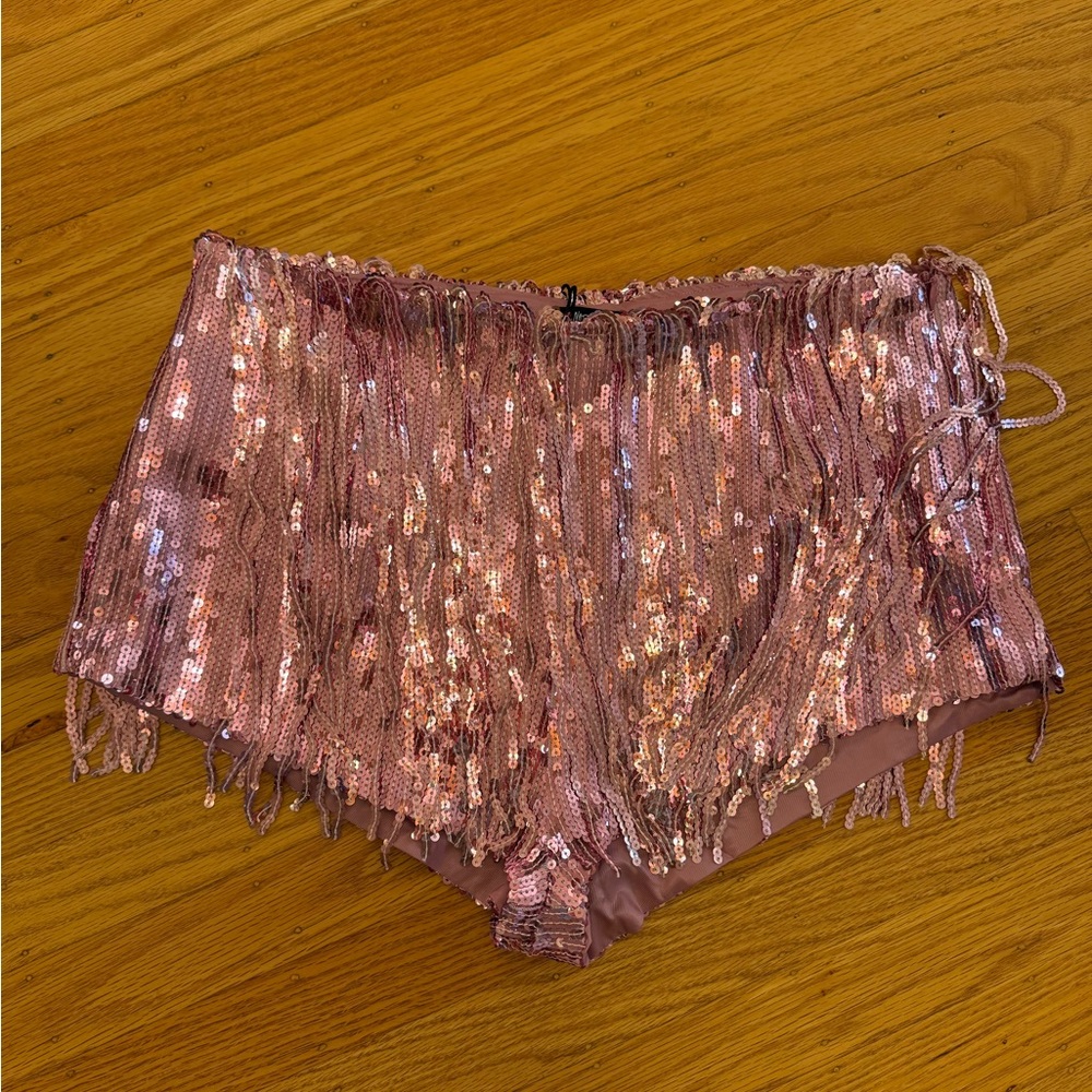 Nasty Gal Pink Sequin Fringe Shorts